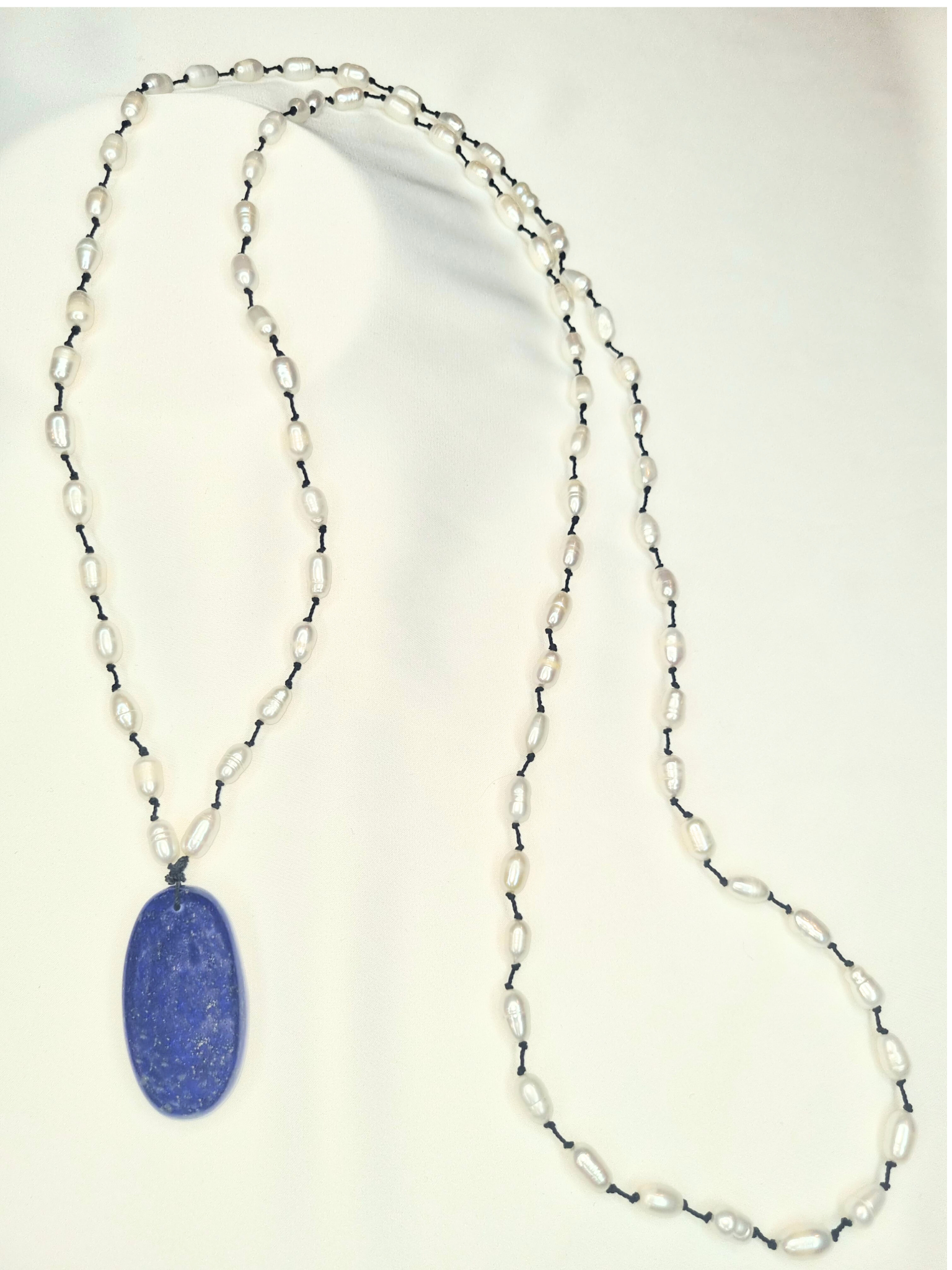 Natural Pearl Handknotted Necklace with Lapiz Stone Pendant