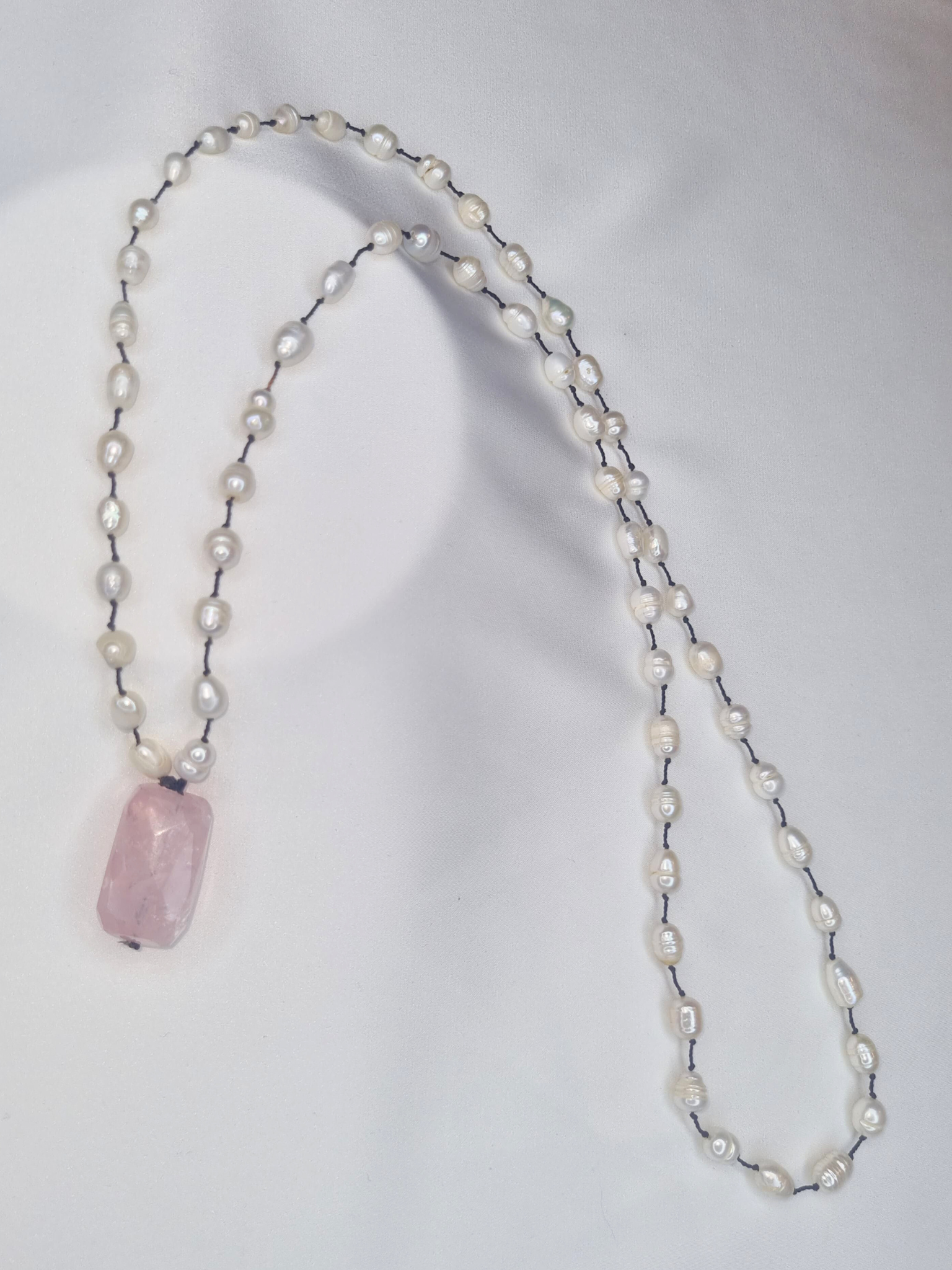 Natural Pearl Handknotted Necklace with Rose Stone Pendant