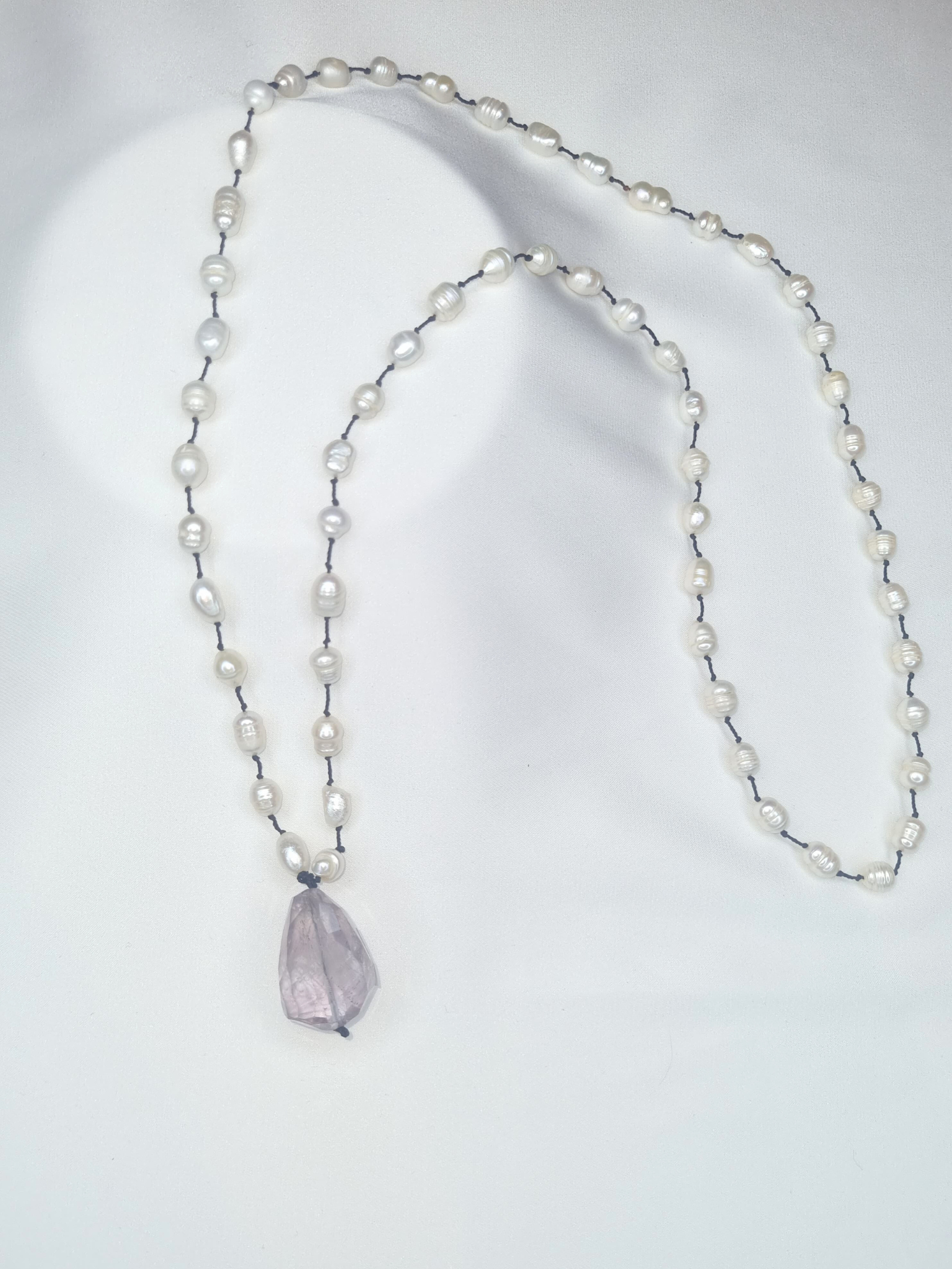 Natural Pearl Handknotted Necklace with Amethyst Stone Pendant